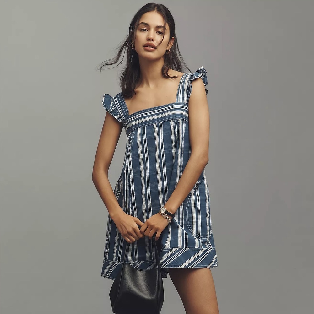 NWT! Anthropologie Pilcro Sleeveless Lakeside Blue and White Swing Mini Dress 📊